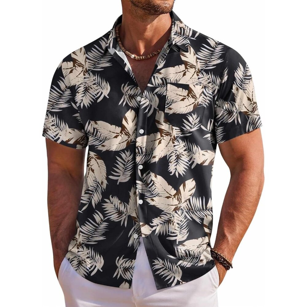Men's Black Hawaiian Shirt Short Sleeve Button Down Shirts Tropical Beach Shirt
